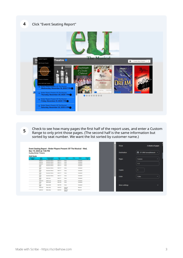 Cur8 Event Seating Report menu and print dialog